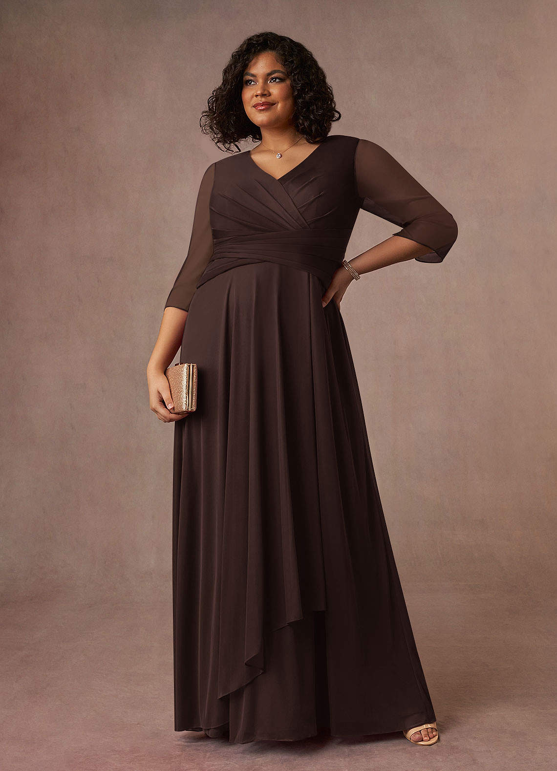 Annetta A-Line V-Neck Mesh Mother of the Bride Dress in Ganache
