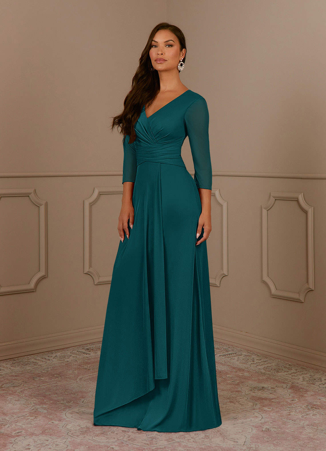 Annetta A-Line V-Neck Mesh Mother of the Bride Dress in Peacock