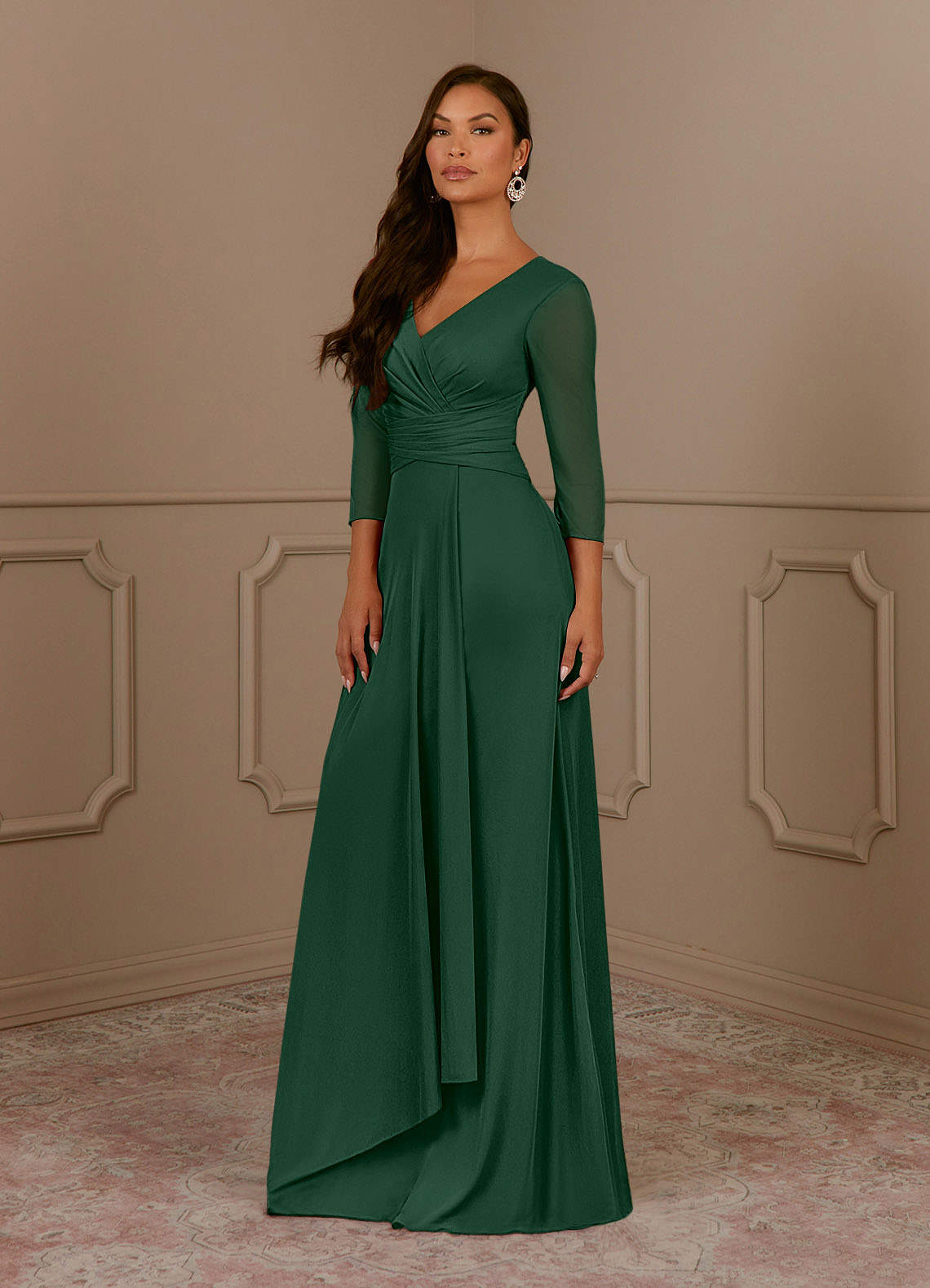 Annetta A-Line V-Neck Mesh Mother of the Bride Dress in Dark Green