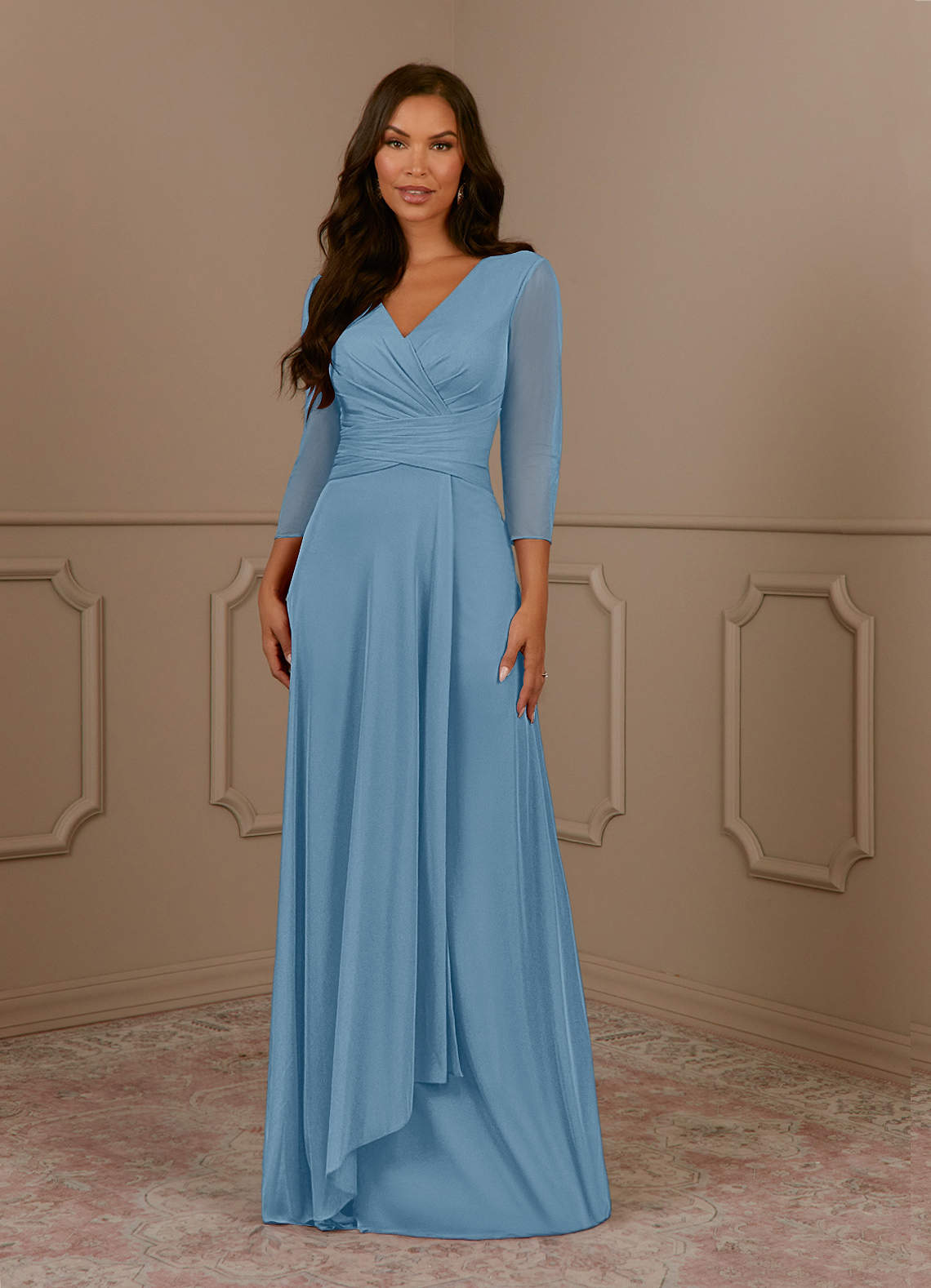 Annetta A-Line V-Neck Mesh Mother of the Bride Dress in Steel Blue