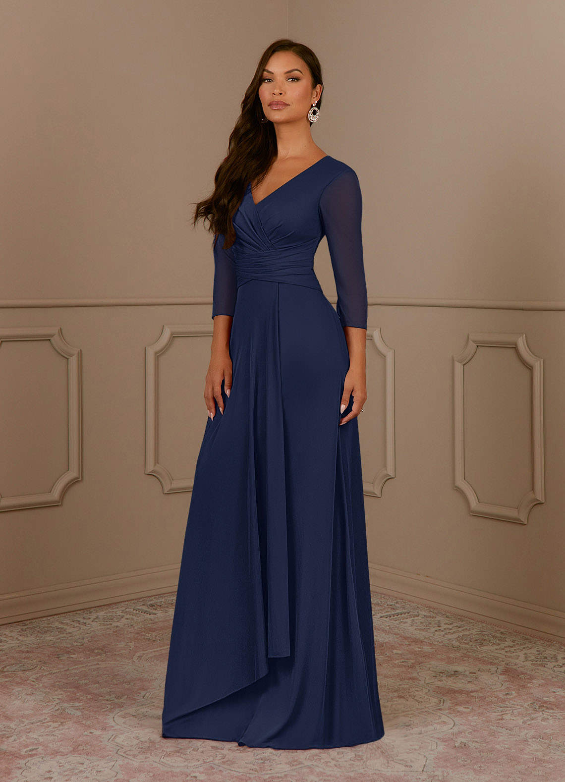 Annetta A-Line V-Neck Mesh Mother of the Bride Dress in Dark Navy