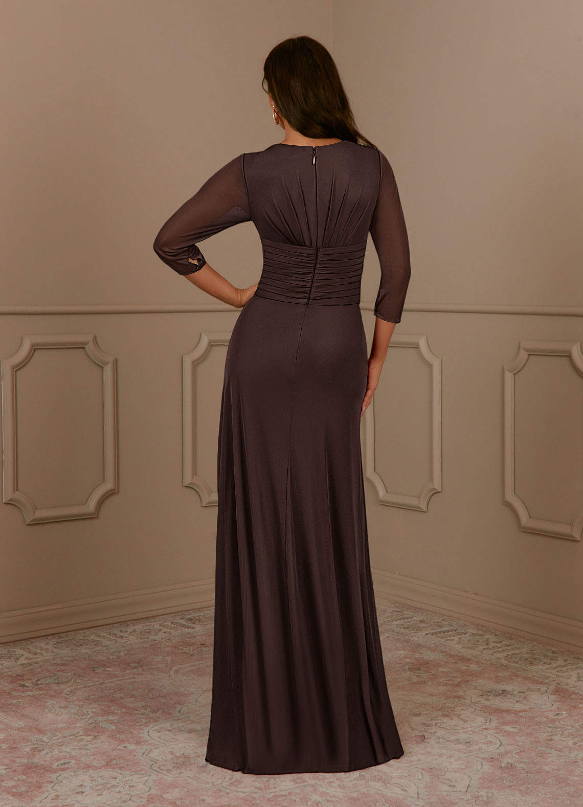 Annetta A-Line V-Neck Mesh Mother of the Bride Dress in Ganache