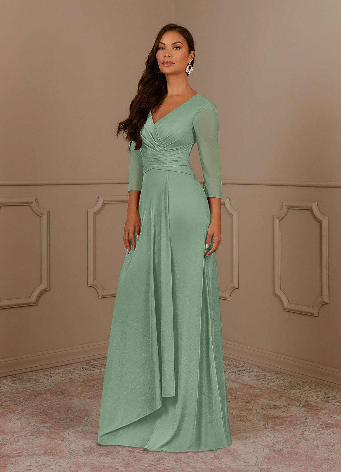 Annetta A-Line V-Neck Mesh Mother of the Bride Dress in matcha