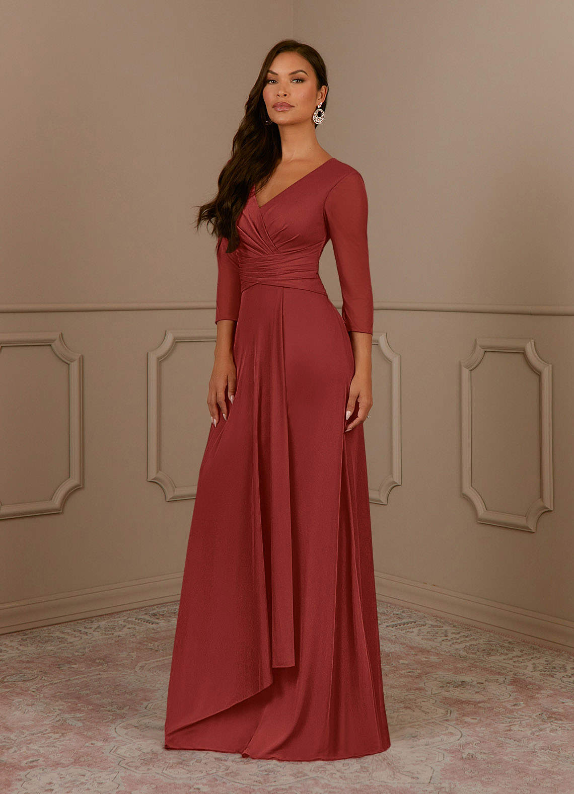Annetta A-Line V-Neck Mesh Mother of the Bride Dress in Terracotta