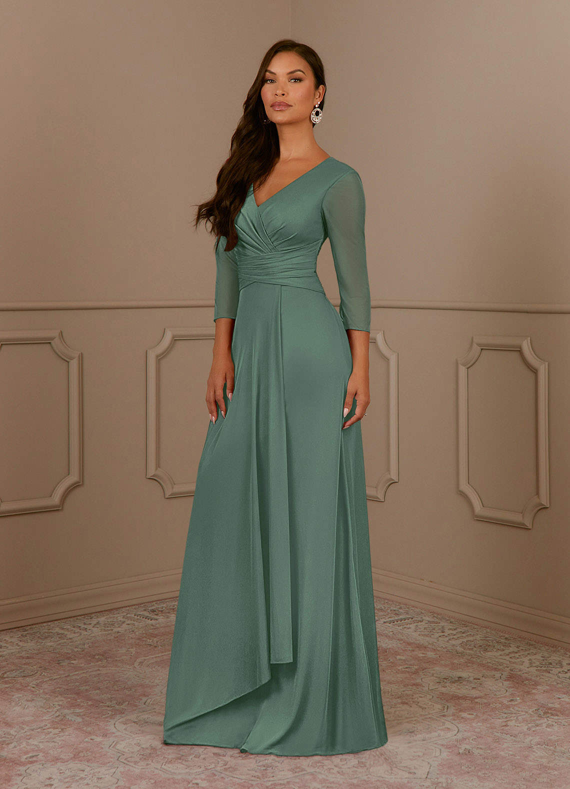Annetta A-Line V-Neck Mesh Mother of the Bride Dress in eucalyptus