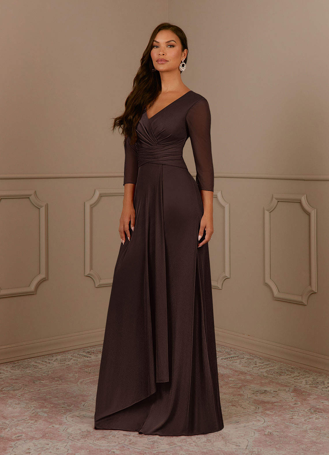 Annetta A-Line V-Neck Mesh Mother of the Bride Dress in Ganache
