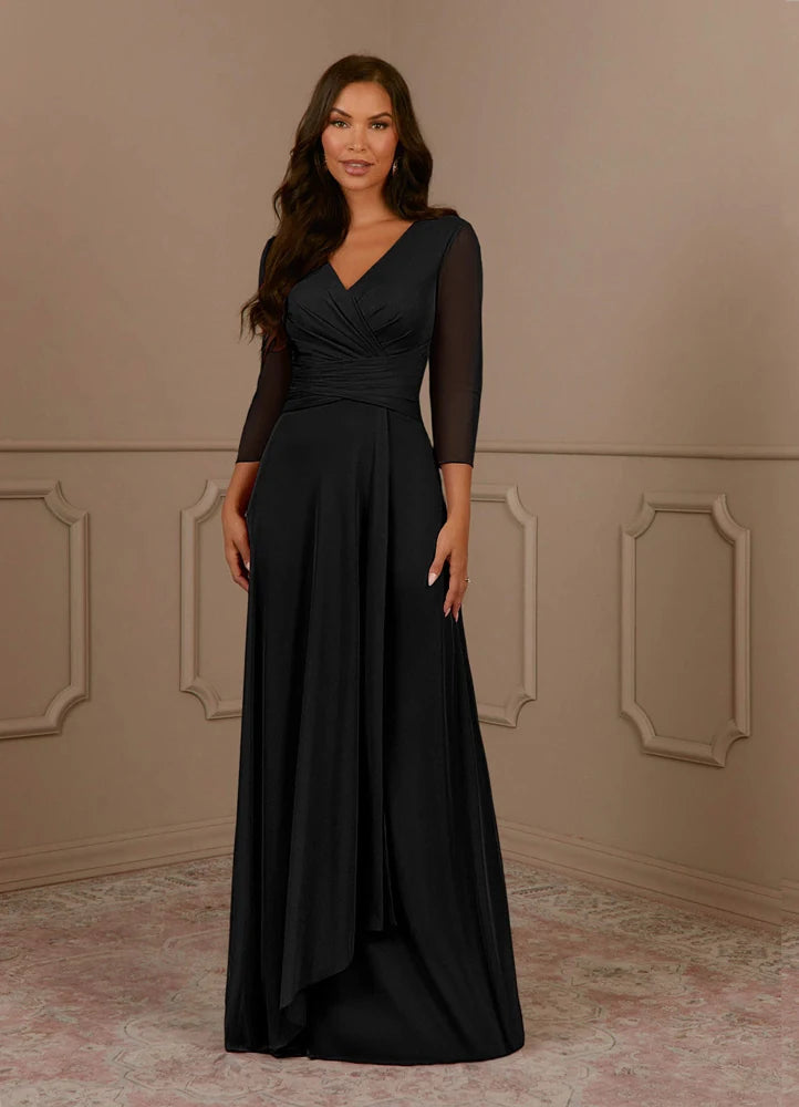 Annetta A-Line V-Neck Mesh Mother of the Bride Dress in Black