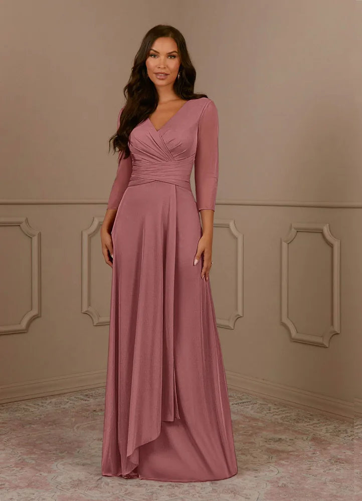 Annetta A-Line V-Neck Mesh Mother of the Bride Dress in Desert Rose