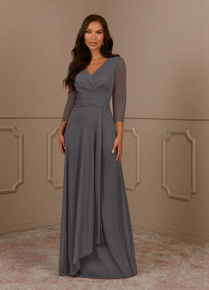 Annetta A-Line V-Neck Mesh Mother of the Bride Dress in Steel Grey
