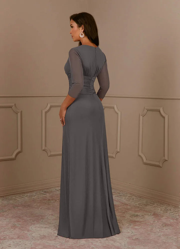 Annetta A-Line V-Neck Mesh Mother of the Bride Dress in Steel Grey