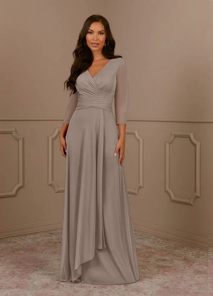 Annetta A-Line V-Neck Mesh Mother of the Bride Dress in Taupe