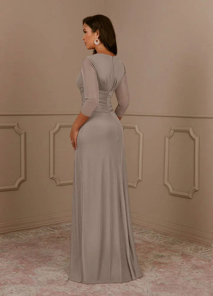 Annetta A-Line V-Neck Mesh Mother of the Bride Dress in Taupe