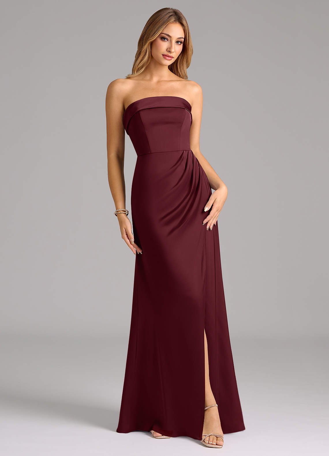 Aretha A-Line Strapless Stretch Satin Bridesmaid Dress in Cabernet