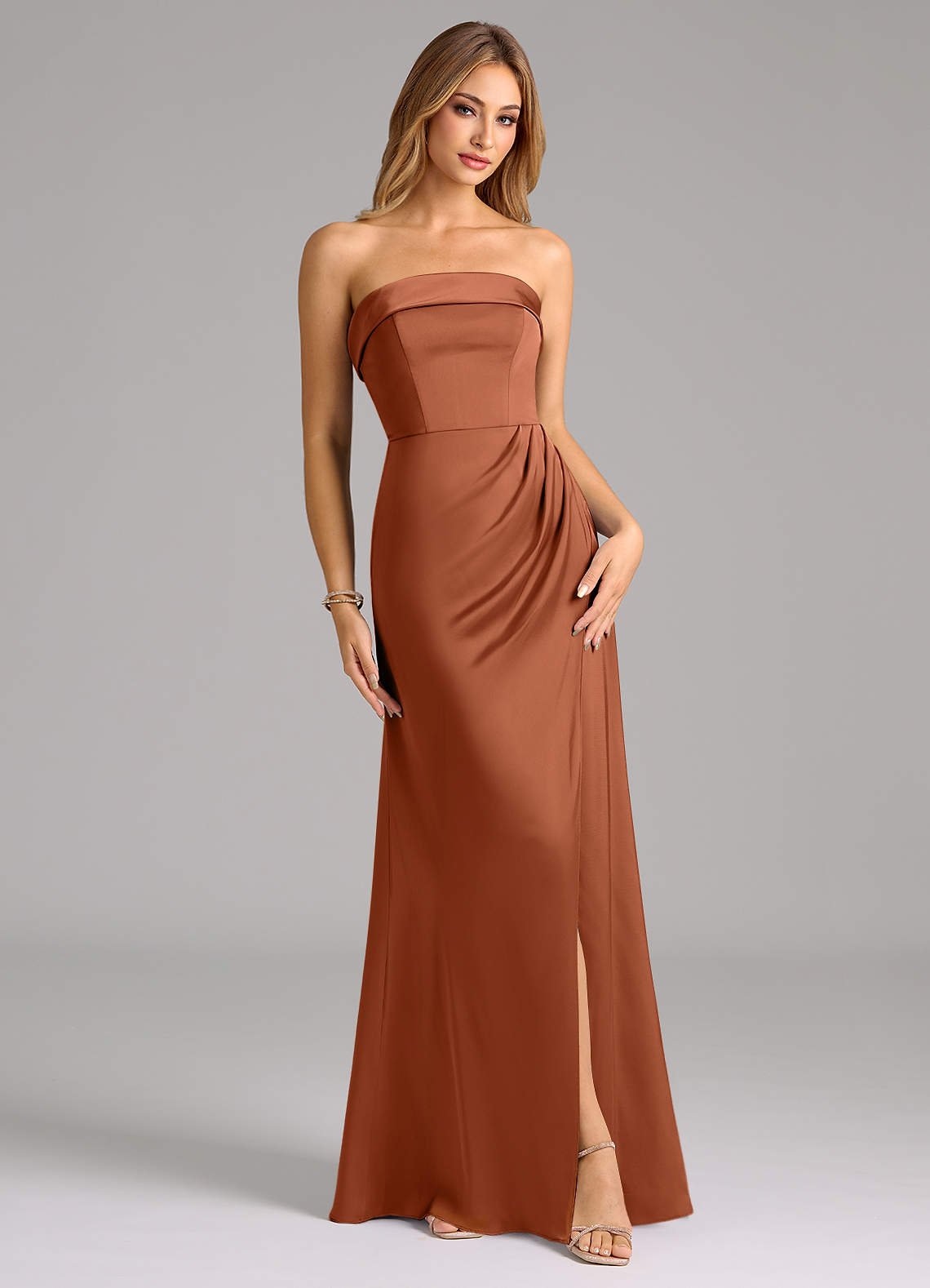 Aretha A-Line Strapless Stretch Satin Bridesmaid Dress in Cedar Rose
