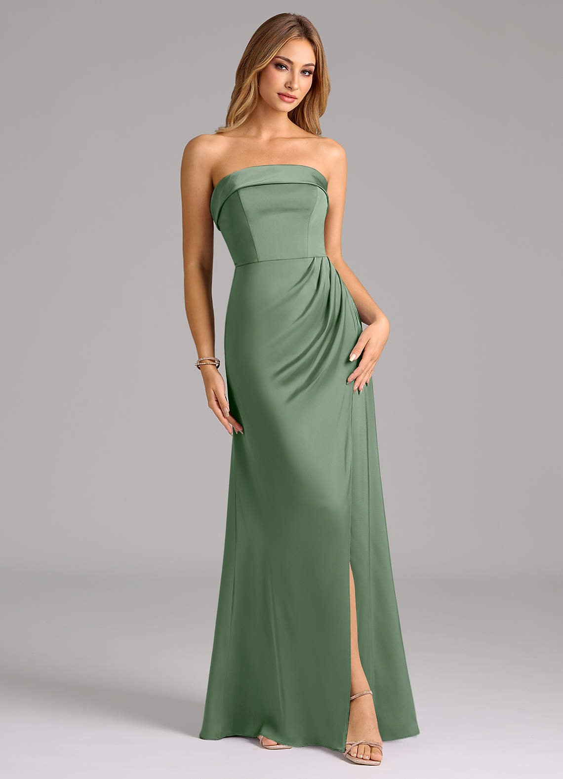 Aretha A-Line Strapless Stretch Satin Bridesmaid Dress in Matcha