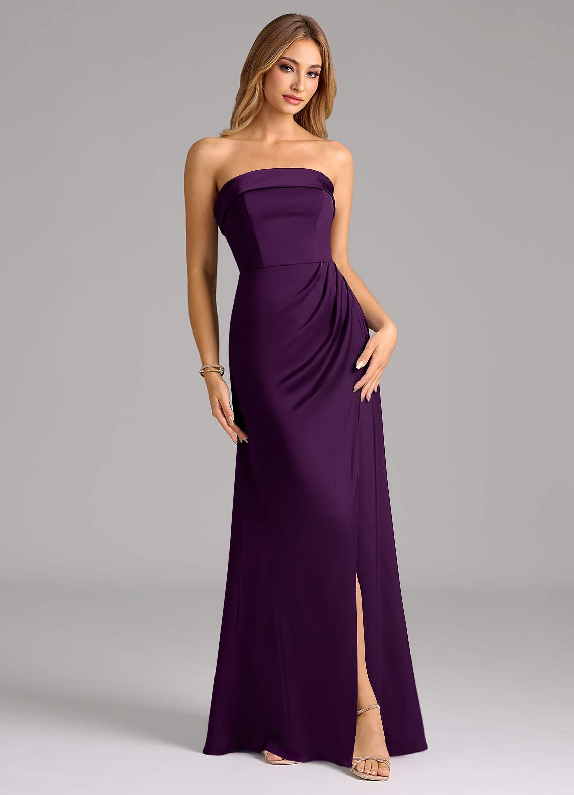 Aretha A-Line Strapless Stretch Satin Bridesmaid Dress in Grape