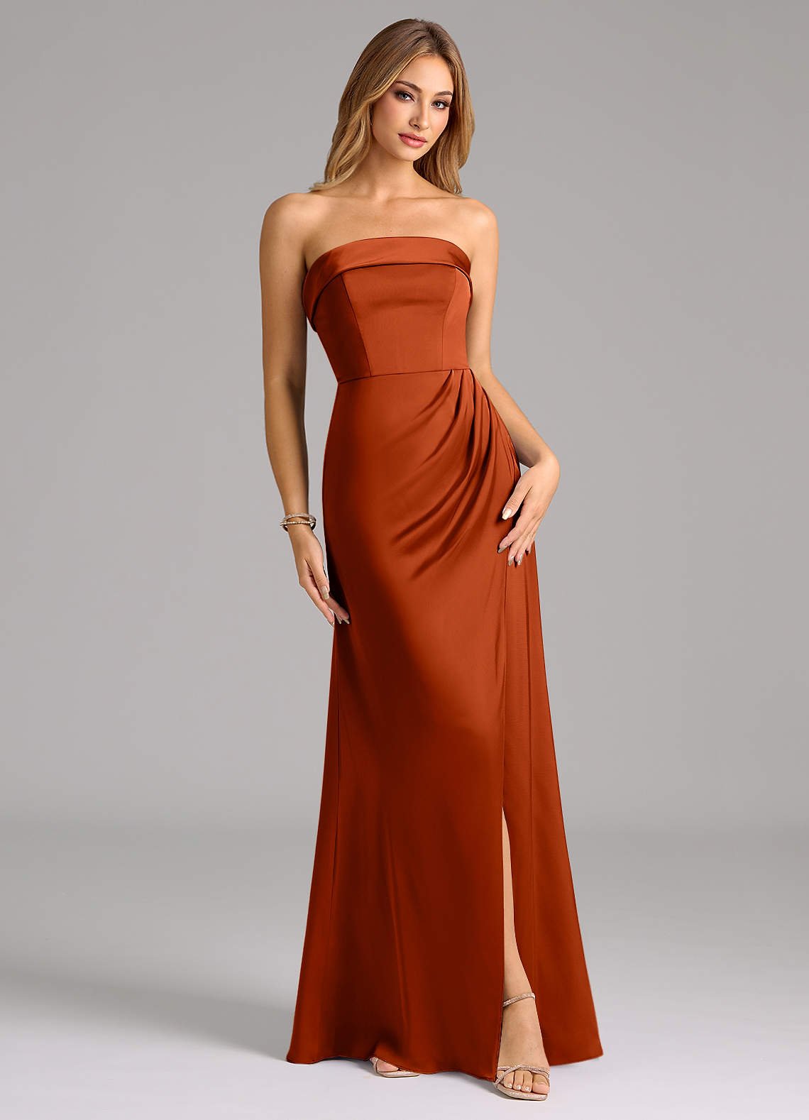 Aretha A-Line Strapless Stretch Satin Bridesmaid Dress in Paprika