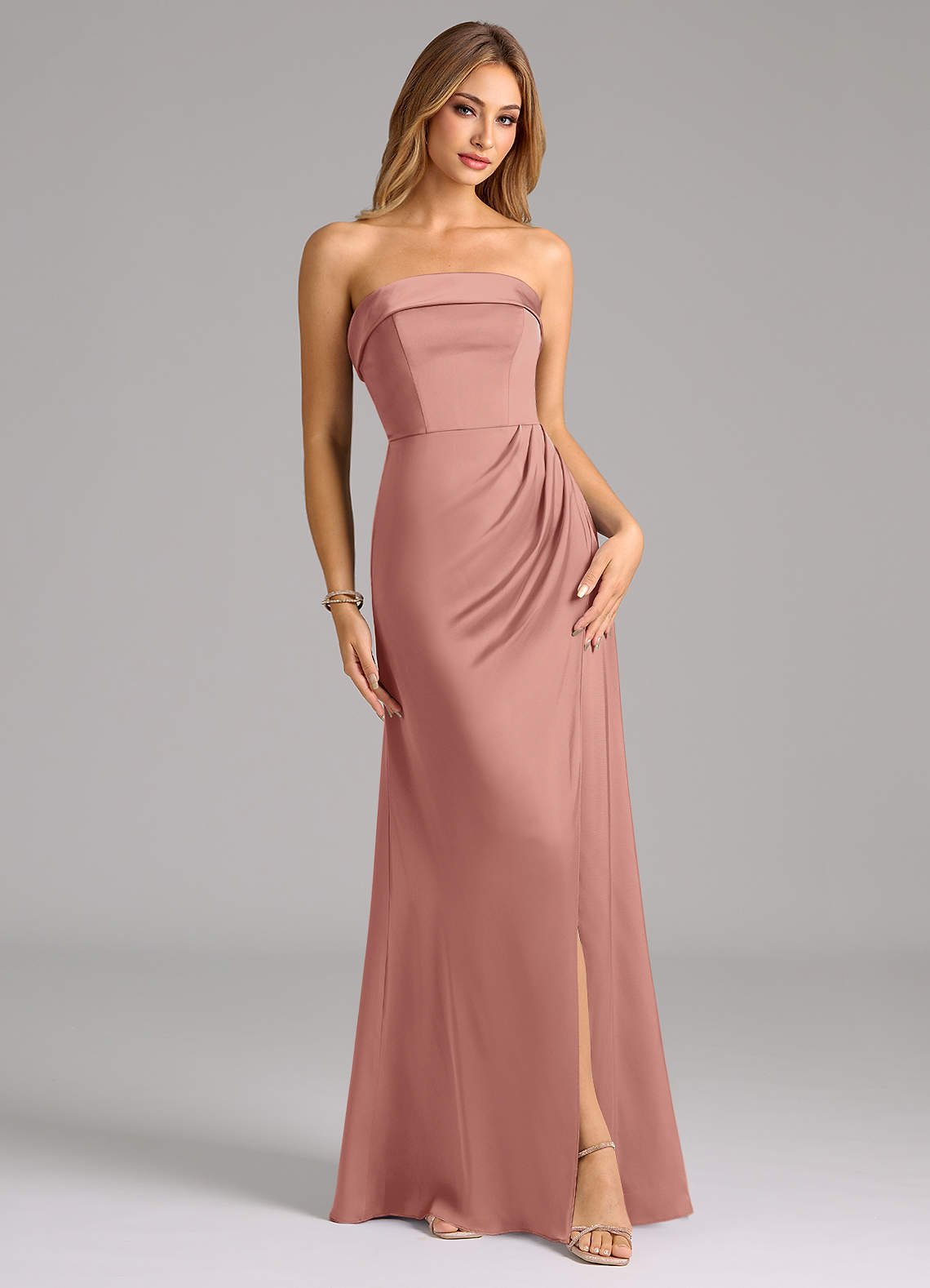 Aretha A-Line Strapless Stretch Satin Bridesmaid Dress in Rosette