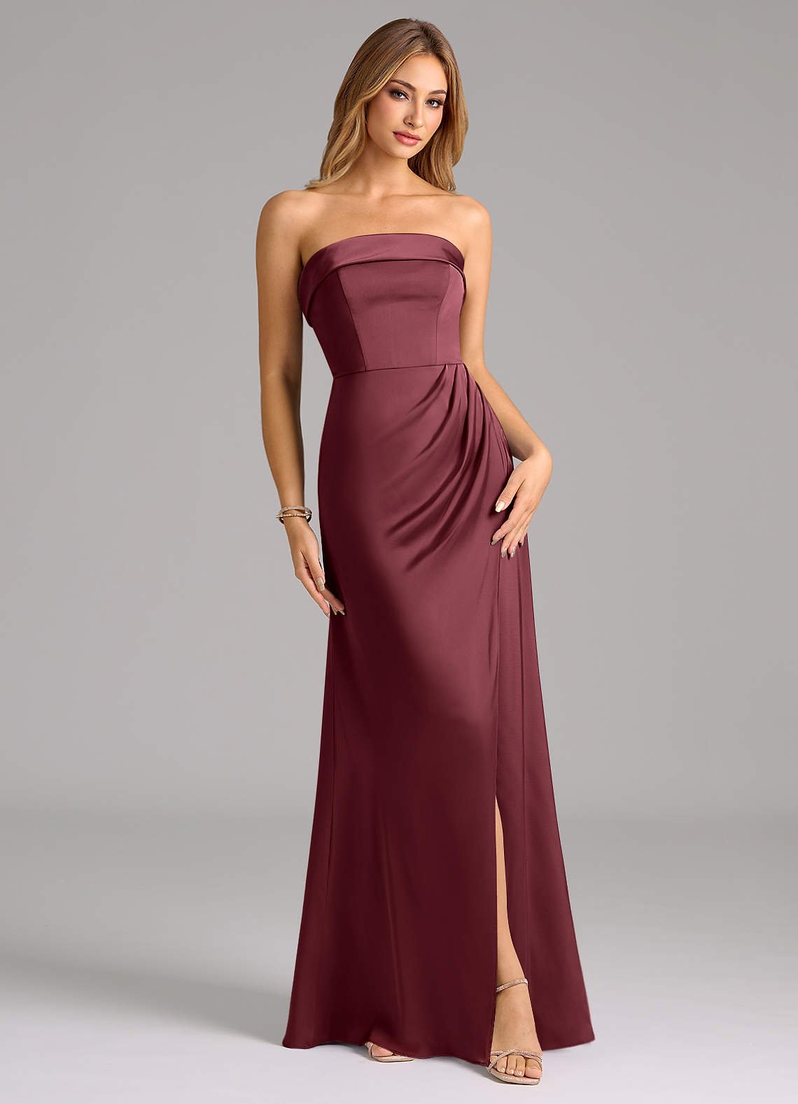 Aretha A-Line Strapless Stretch Satin Bridesmaid Dress in Merlot