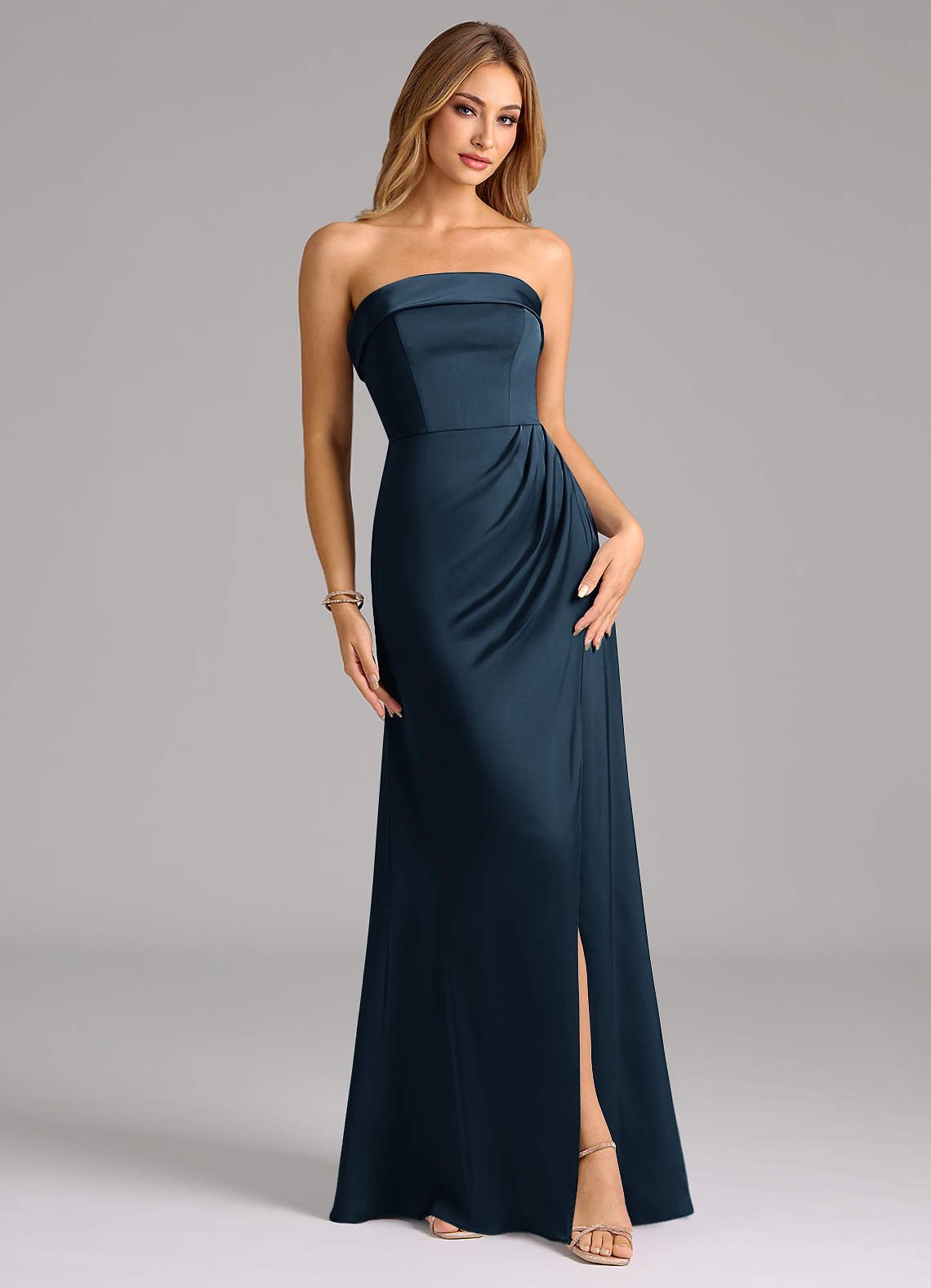 Aretha A-Line Strapless Stretch Satin Bridesmaid Dress in Dark Navy