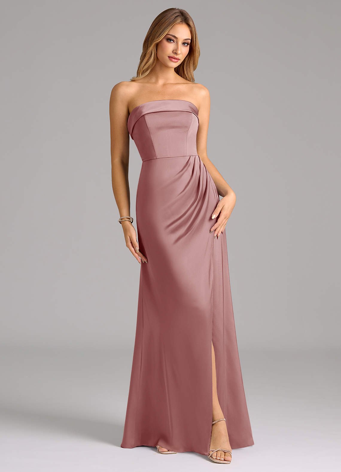 Aretha A-Line Strapless Stretch Satin Bridesmaid Dress in dusty rose