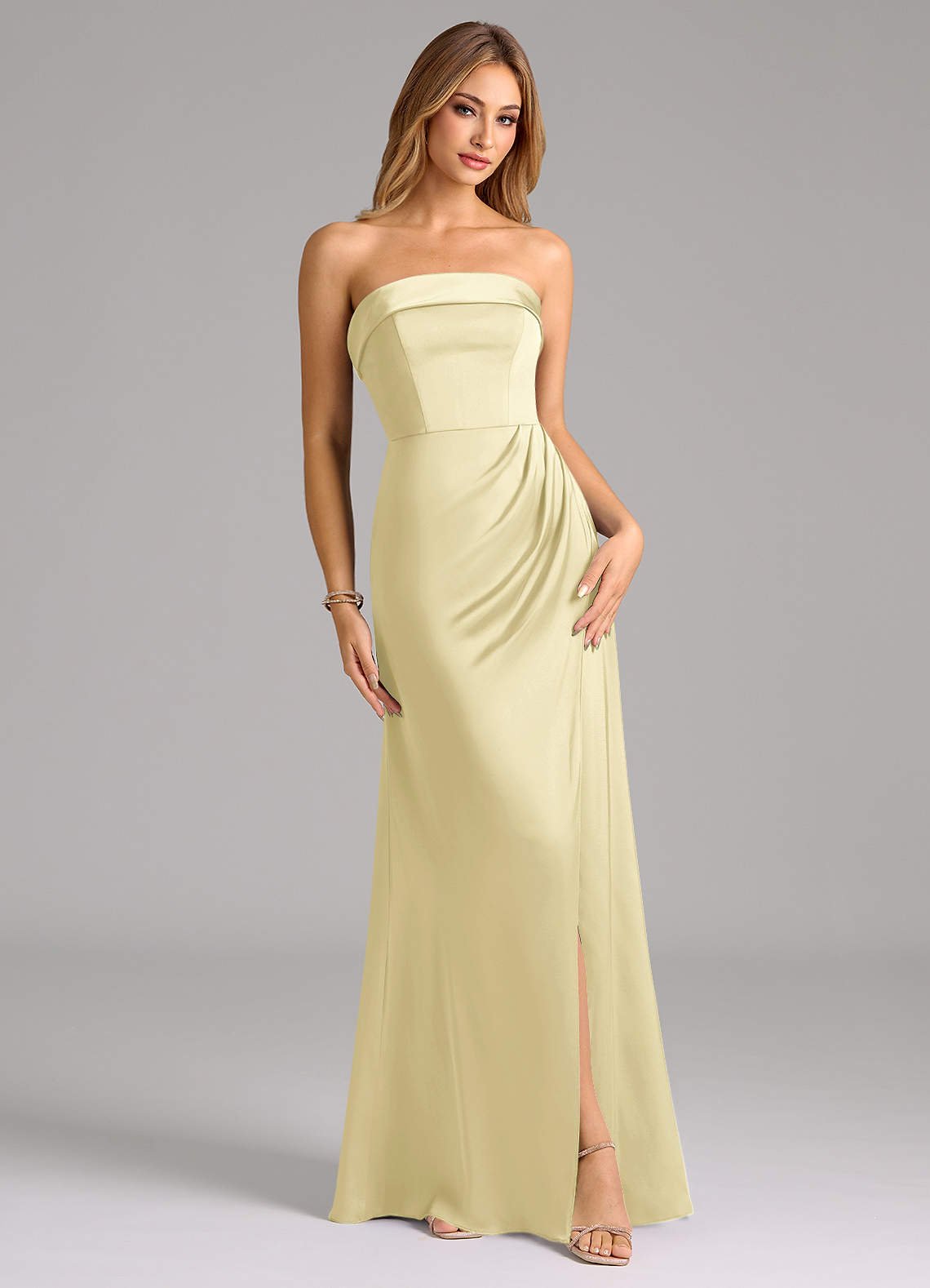 Aretha A-Line Strapless Stretch Satin Bridesmaid Dress in Lemon Sorbet