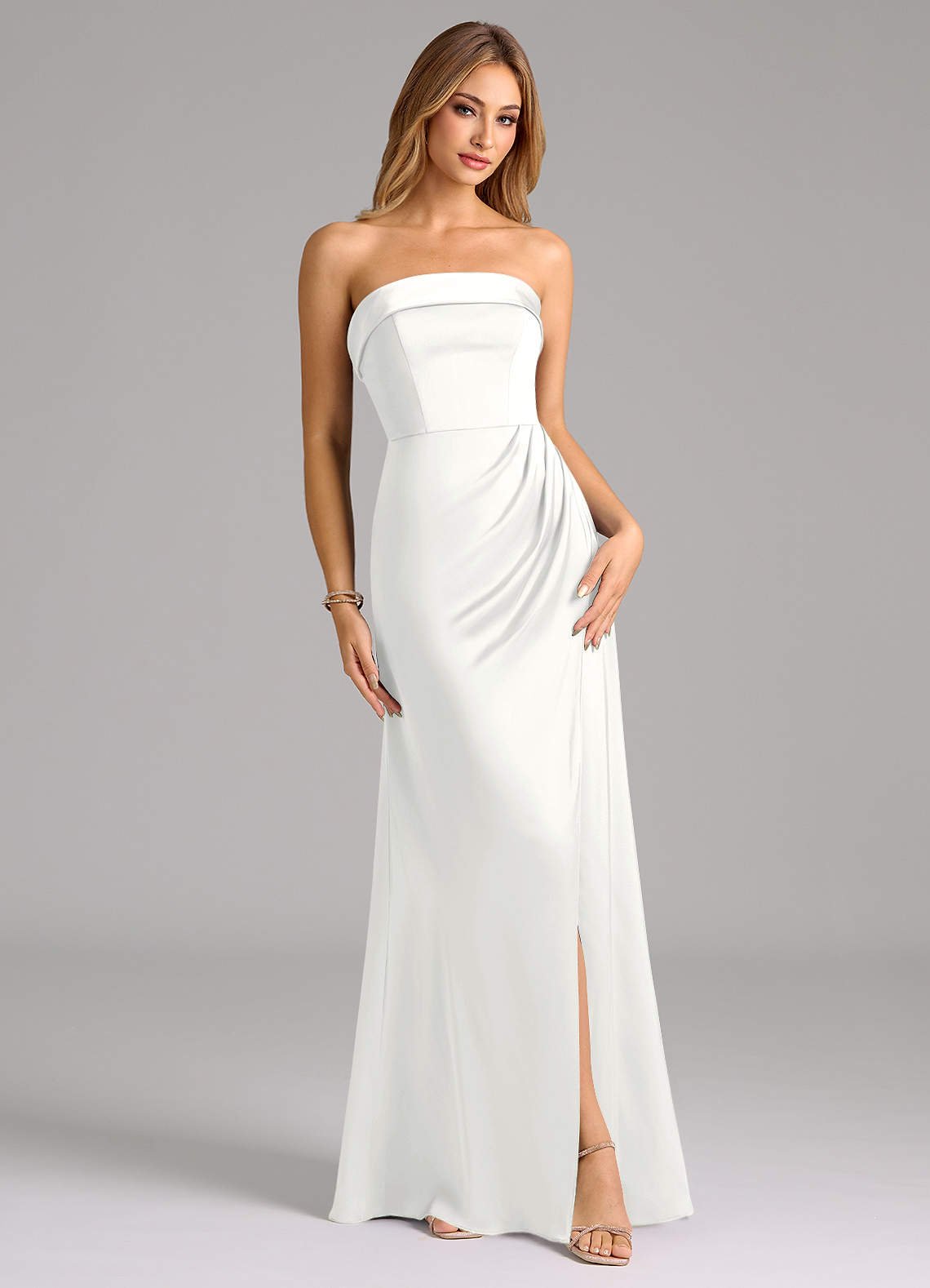 Aretha A-Line Strapless Stretch Satin Bridesmaid Dress in white