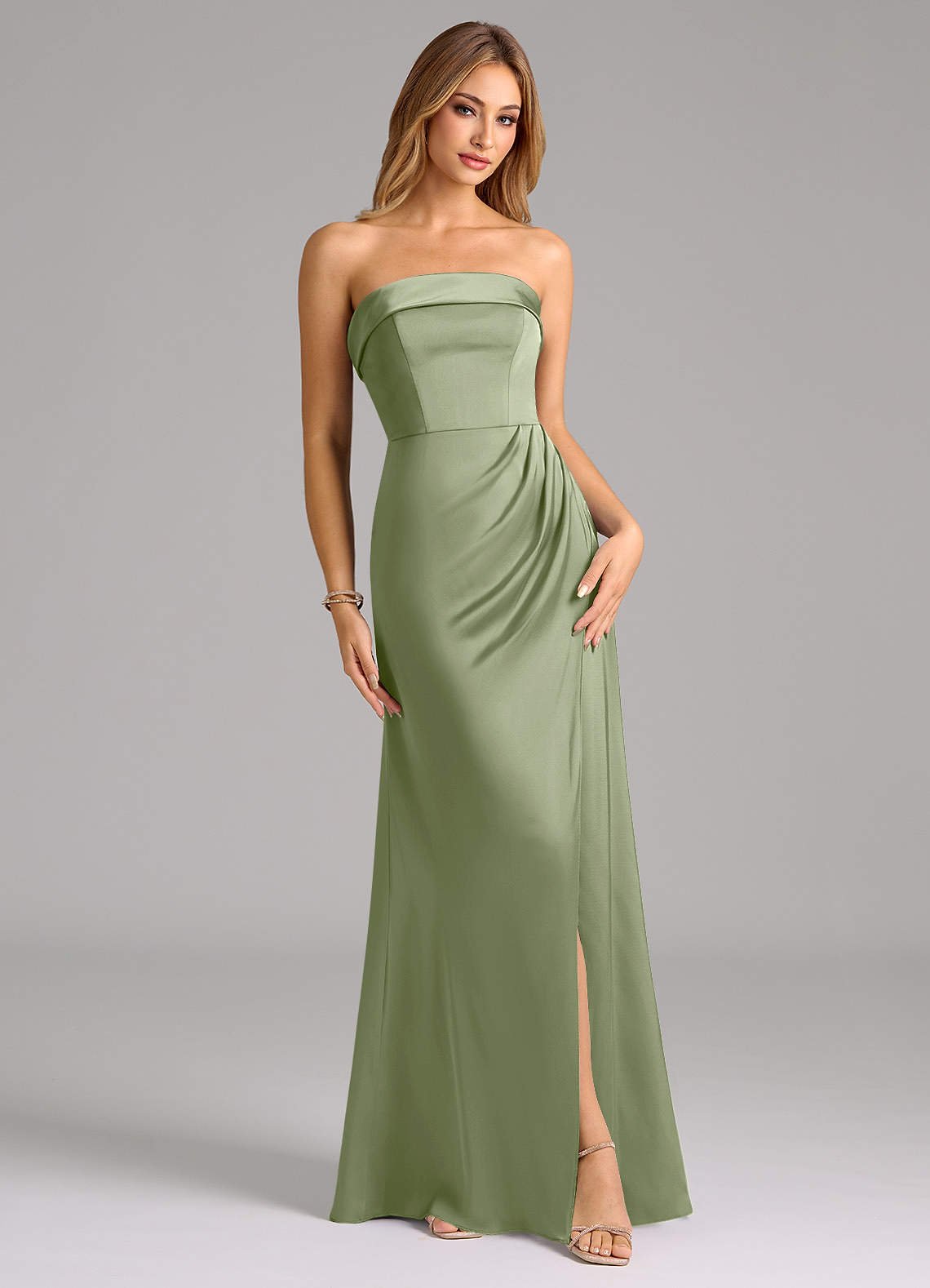 Aretha A-Line Strapless Stretch Satin Bridesmaid Dress in Pistachio
