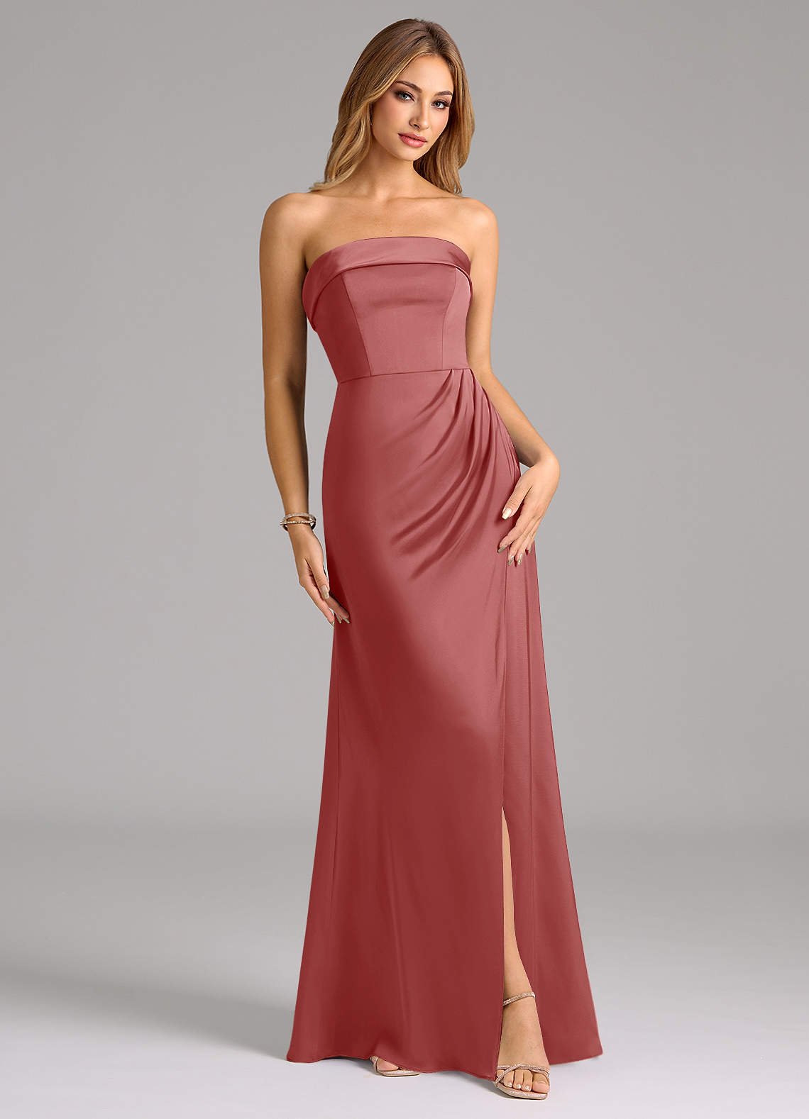 Aretha A-Line Strapless Stretch Satin Bridesmaid Dress in Antique Rose