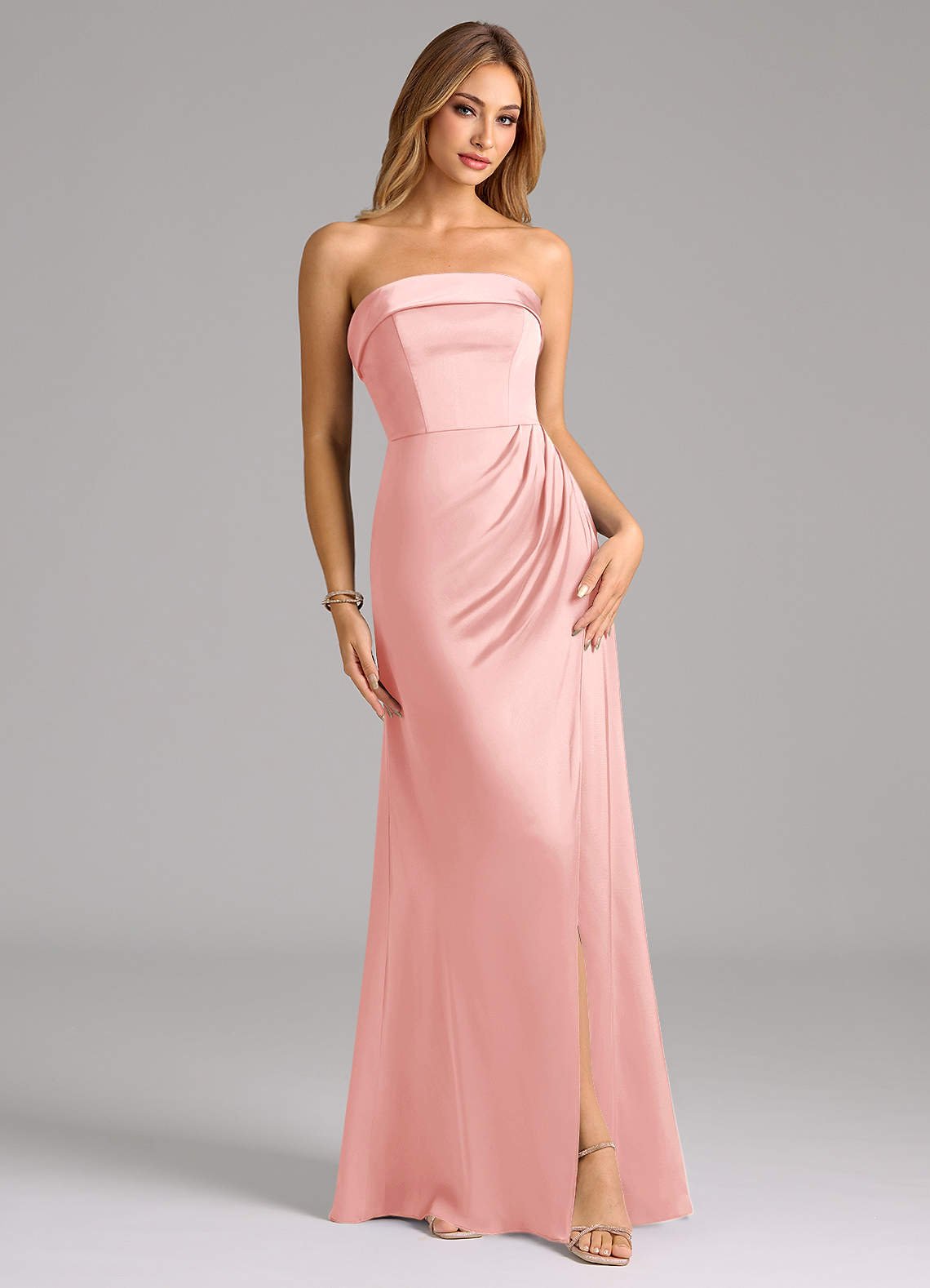 Aretha A-Line Strapless Stretch Satin Bridesmaid Dress in Powder Pink