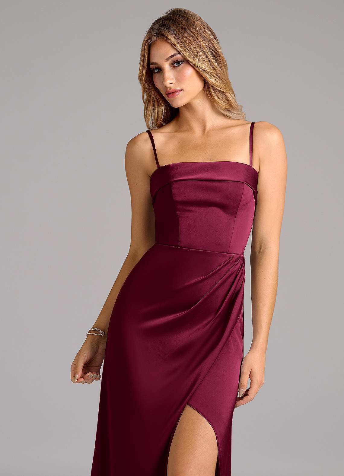 Aretha A-Line Strapless Stretch Satin Bridesmaid Dress in Burgundy