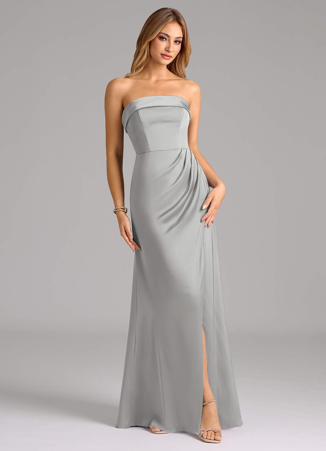 Aretha A-Line Strapless Stretch Satin Bridesmaid Dress in Silver