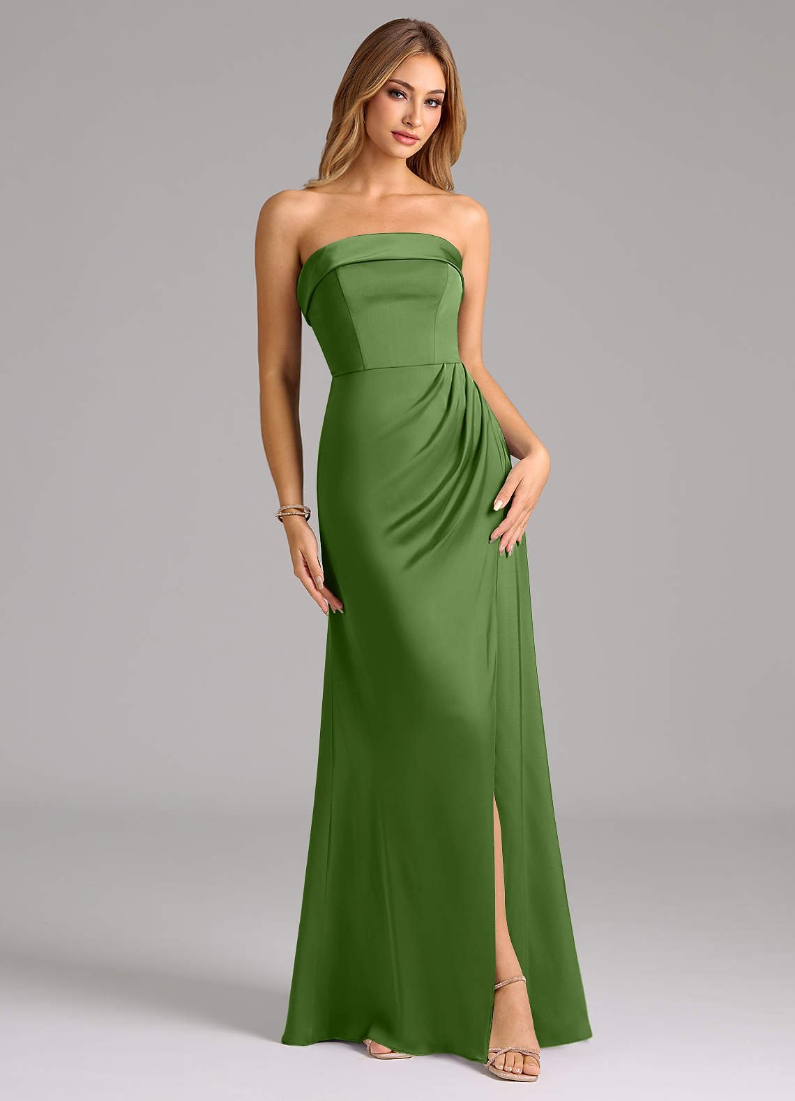 Aretha A-Line Strapless Stretch Satin Bridesmaid Dress in Basil