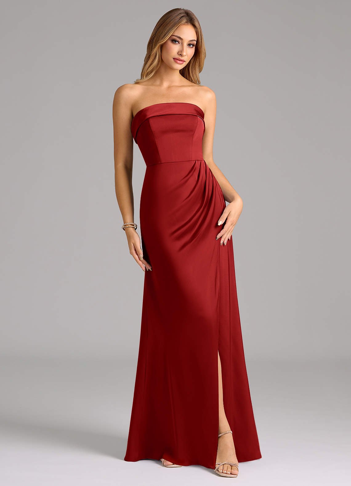 Aretha A-Line Strapless Stretch Satin Bridesmaid Dress in Pomegranate