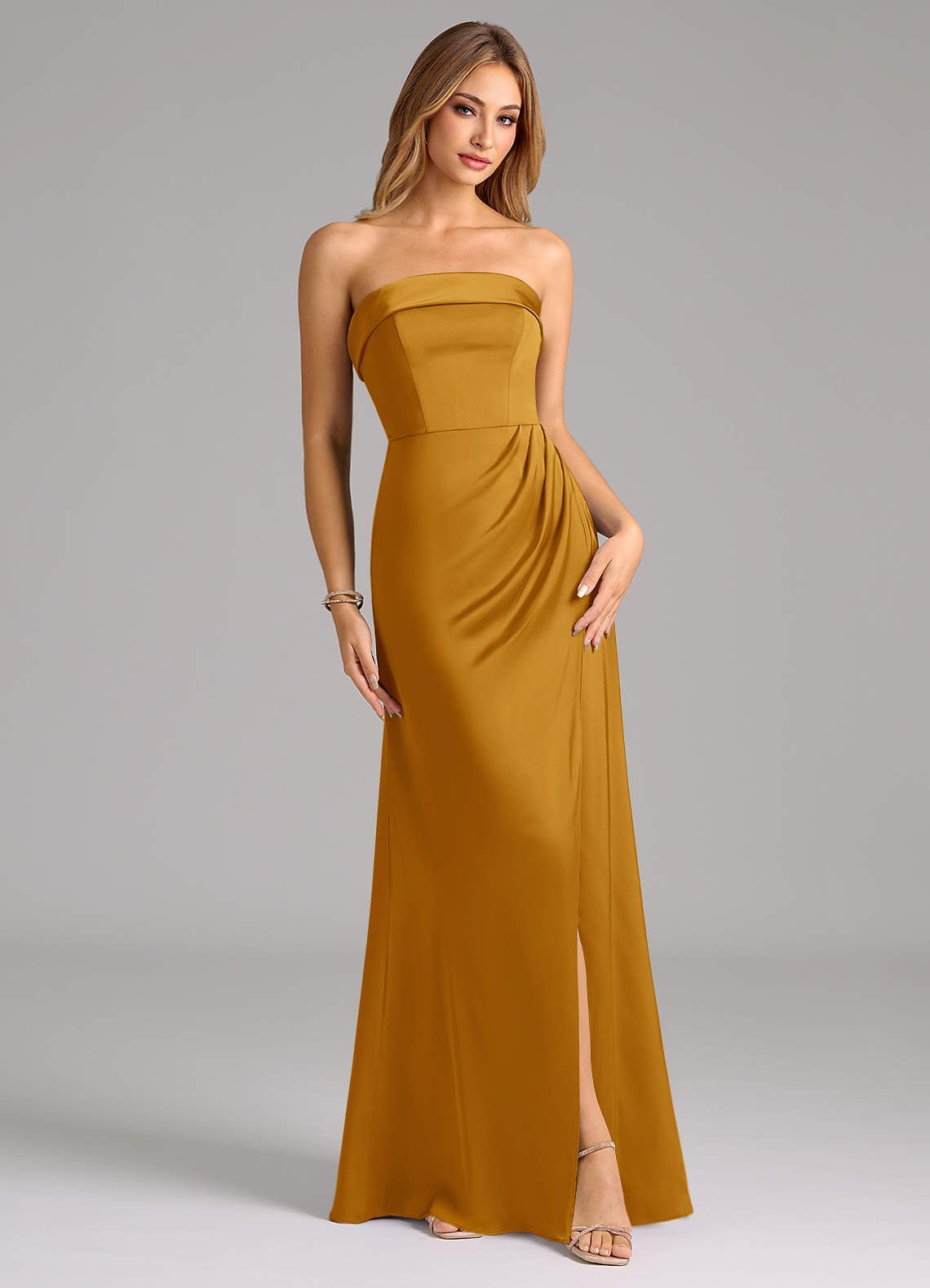 Aretha A-Line Strapless Stretch Satin Bridesmaid Dress in butterscotch
