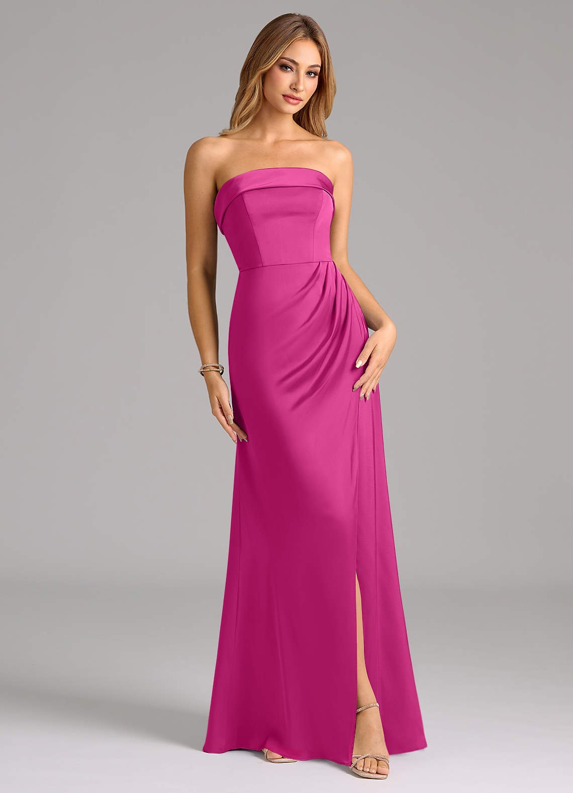 Aretha A-Line Strapless Stretch Satin Bridesmaid Dress in Fuchsia