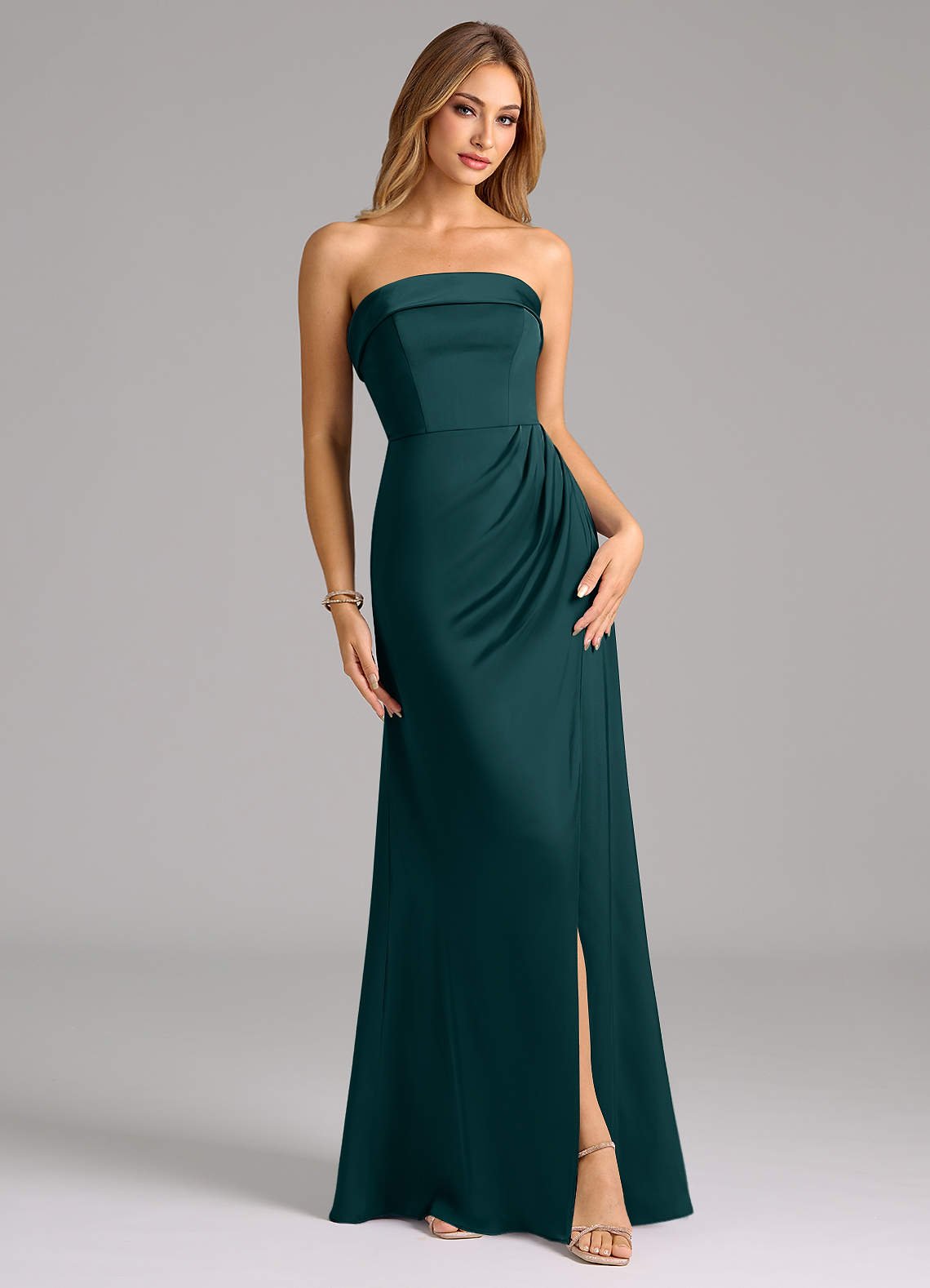 Aretha A-Line Strapless Stretch Satin Bridesmaid Dress in Pine
