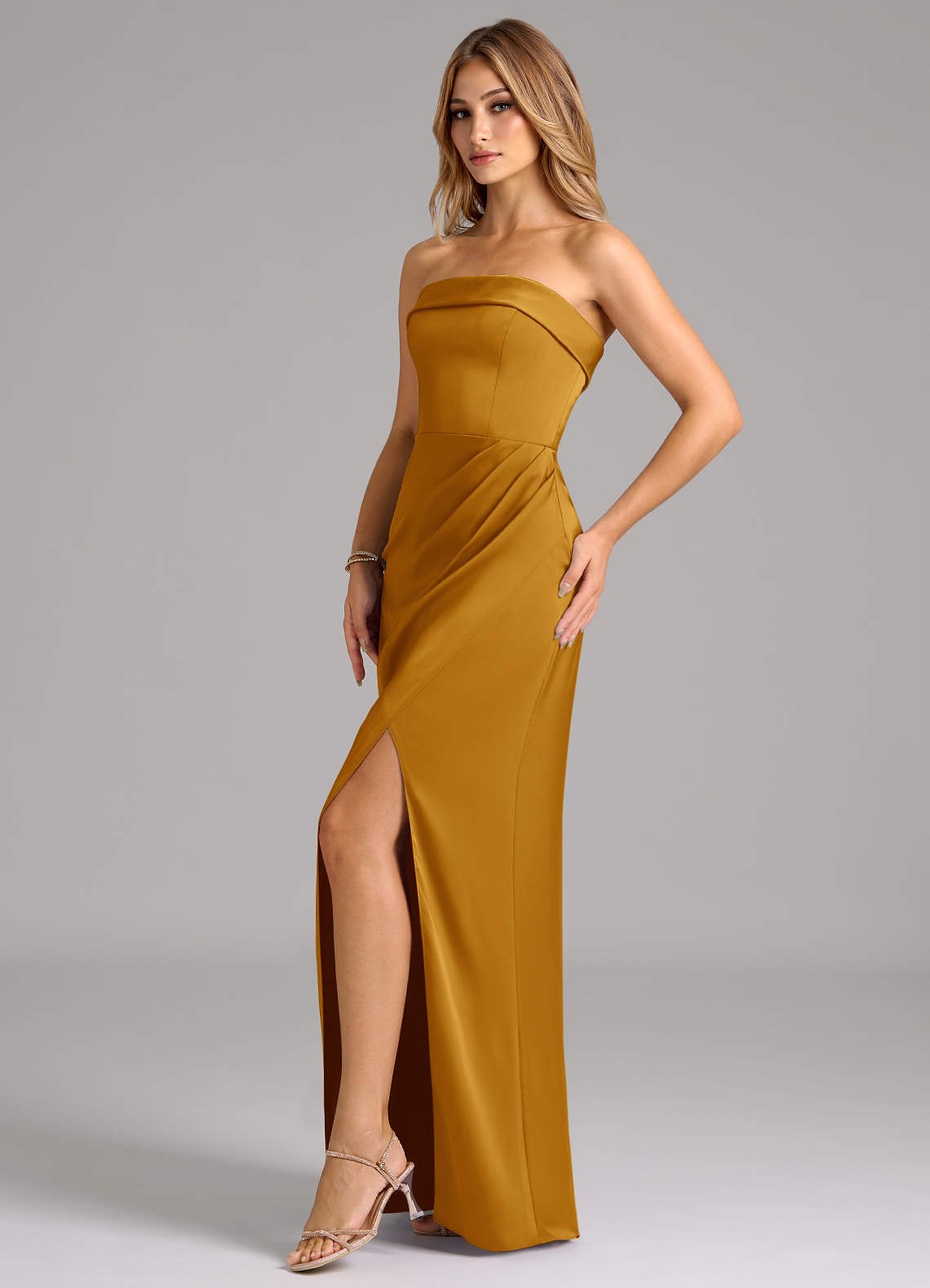 Aretha A-Line Strapless Stretch Satin Bridesmaid Dress in butterscotch