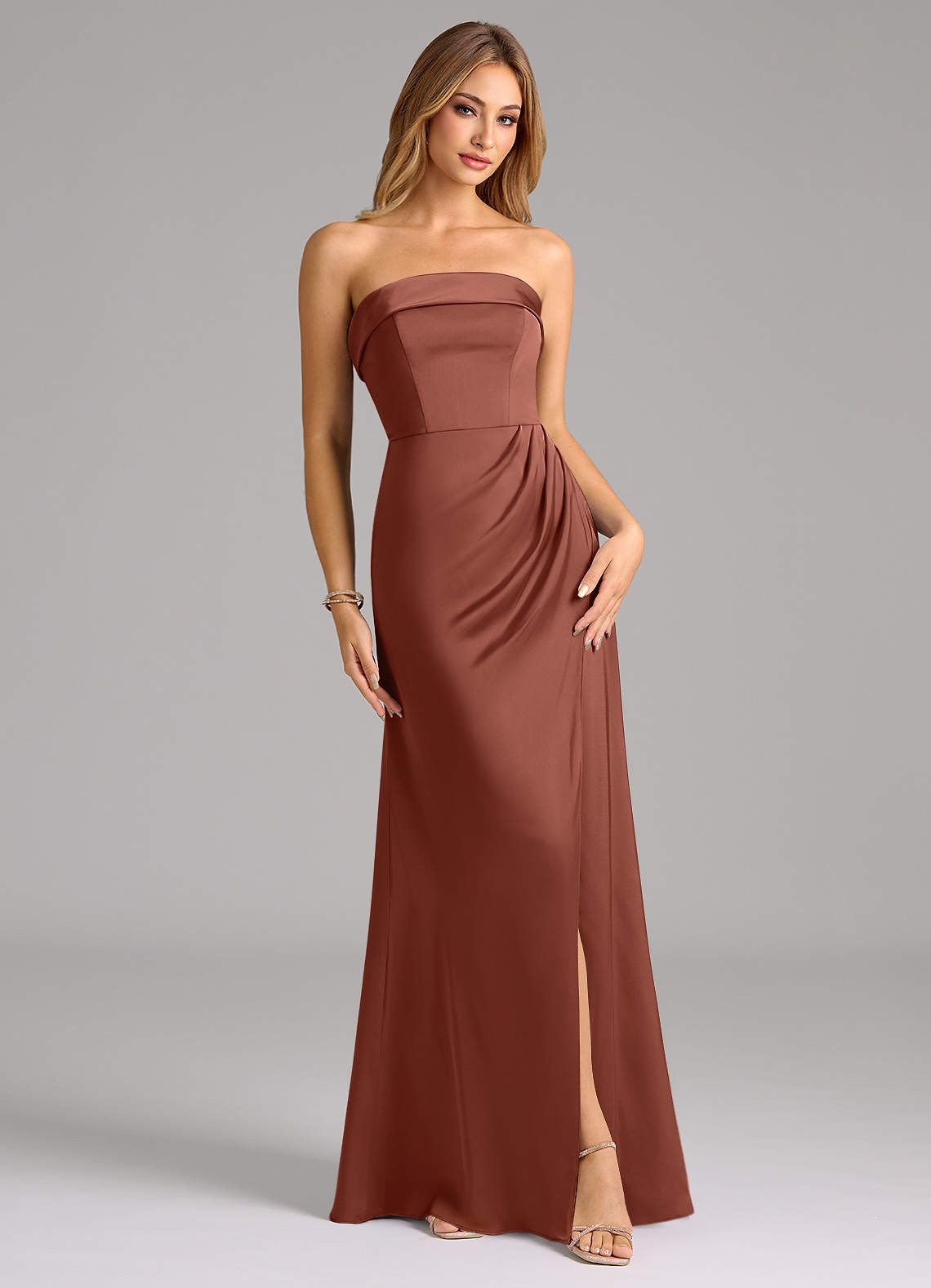 Aretha A-Line Strapless Stretch Satin Bridesmaid Dress in Auburn