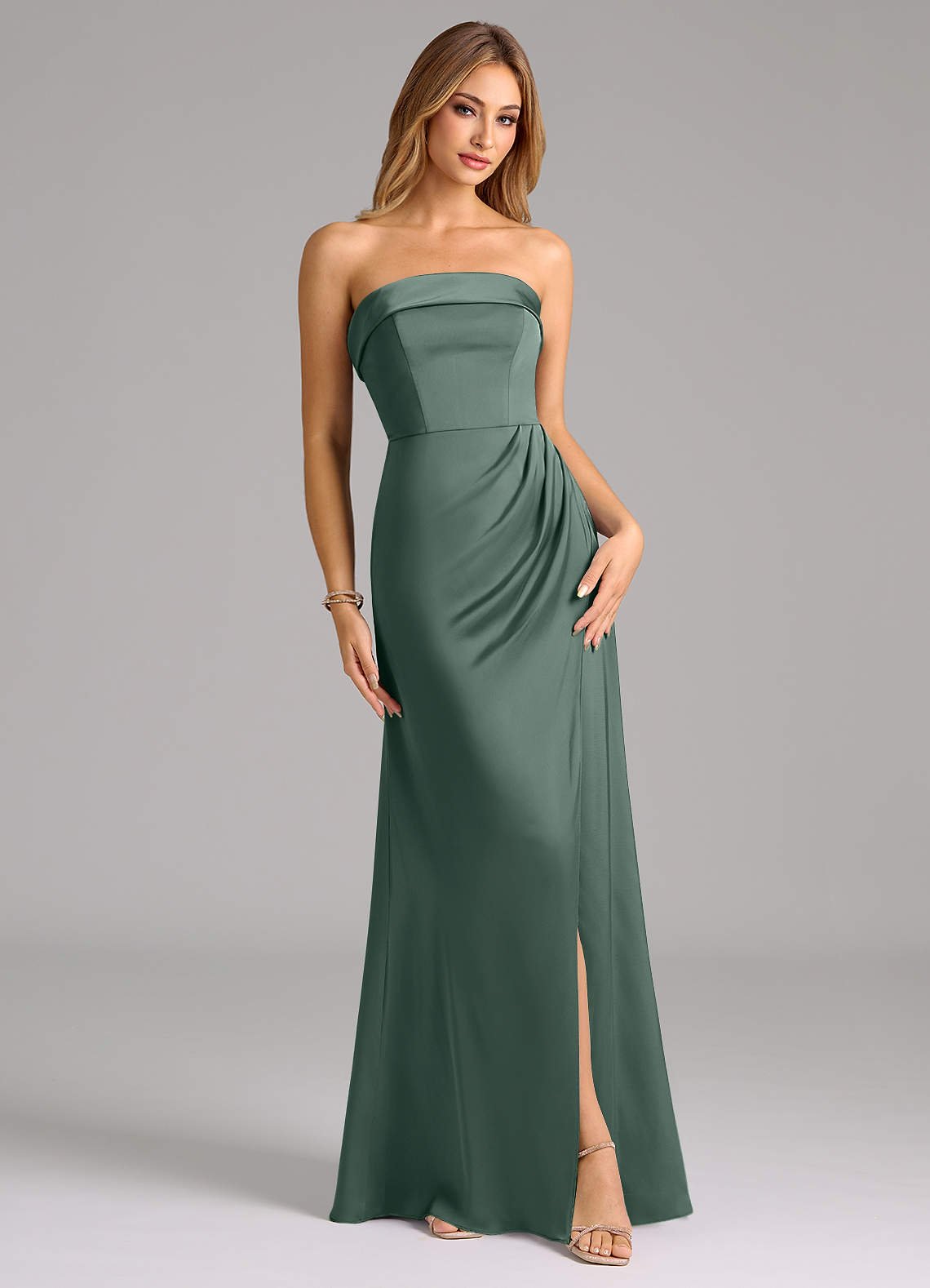 Aretha A-Line Strapless Stretch Satin Bridesmaid Dress in Sea Moss