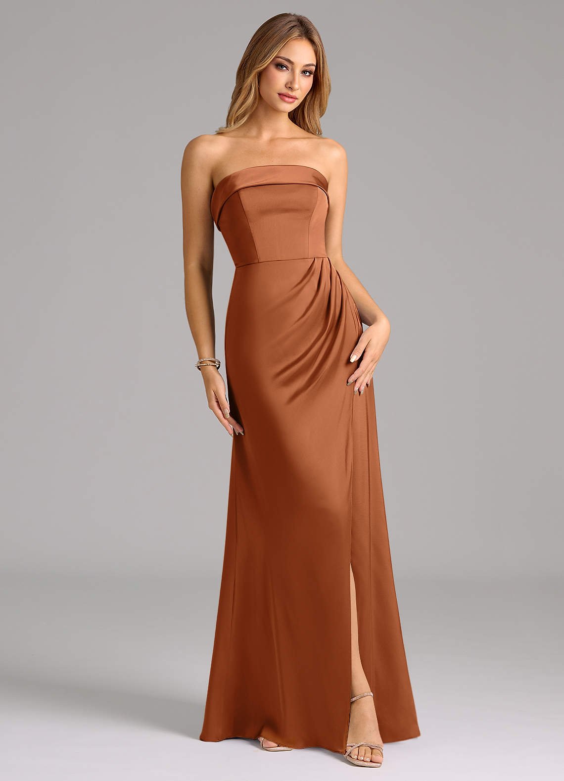 Aretha A-Line Strapless Stretch Satin Bridesmaid Dress in Copper