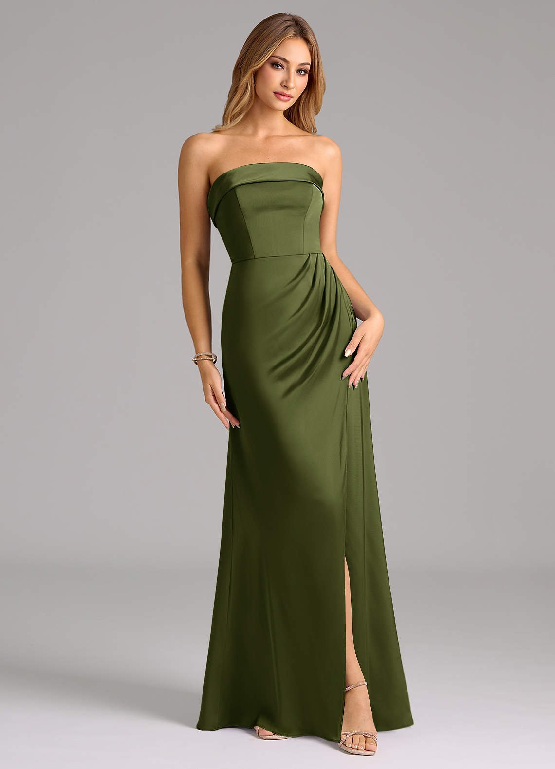 Aretha A-Line Strapless Stretch Satin Bridesmaid Dress in Olive