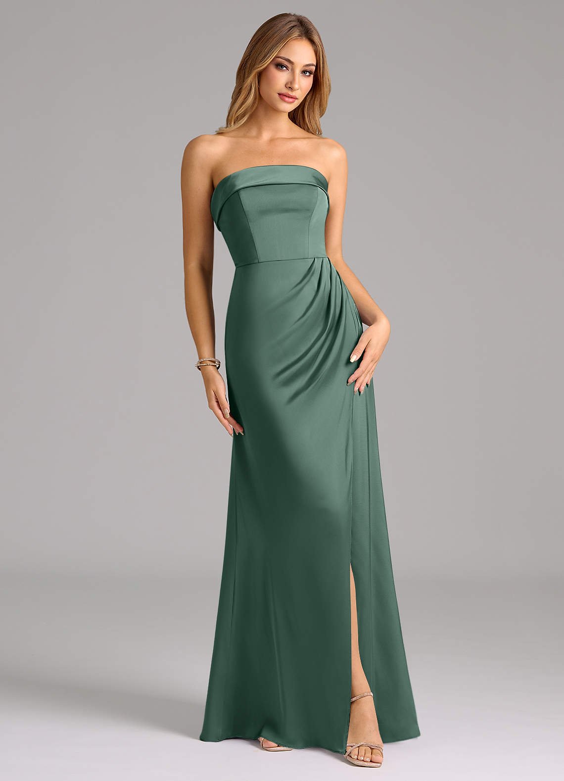 Aretha A-Line Strapless Stretch Satin Bridesmaid Dress in Eucalyptus