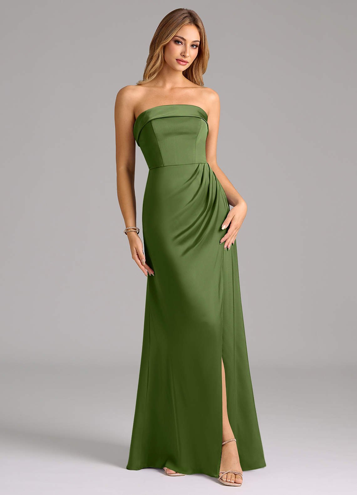 Aretha A-Line Strapless Stretch Satin Bridesmaid Dress in Juniper
