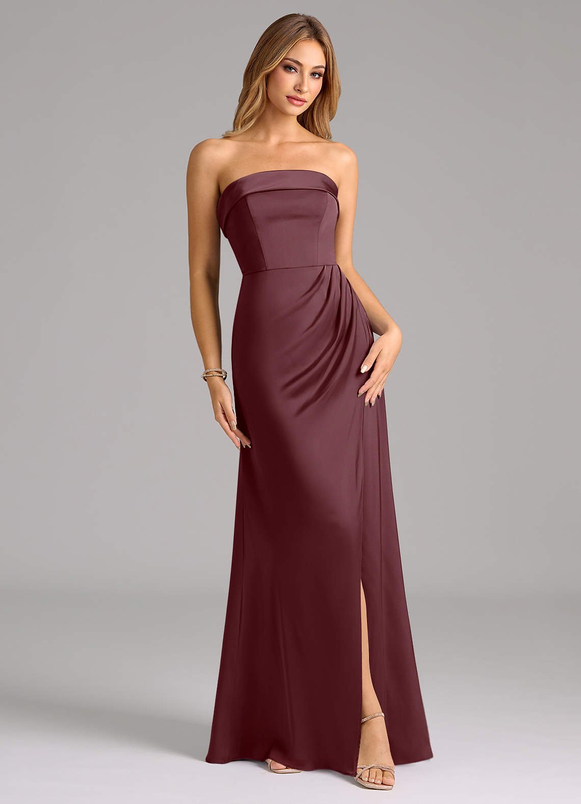 Aretha A-Line Strapless Stretch Satin Bridesmaid Dress in Sangria