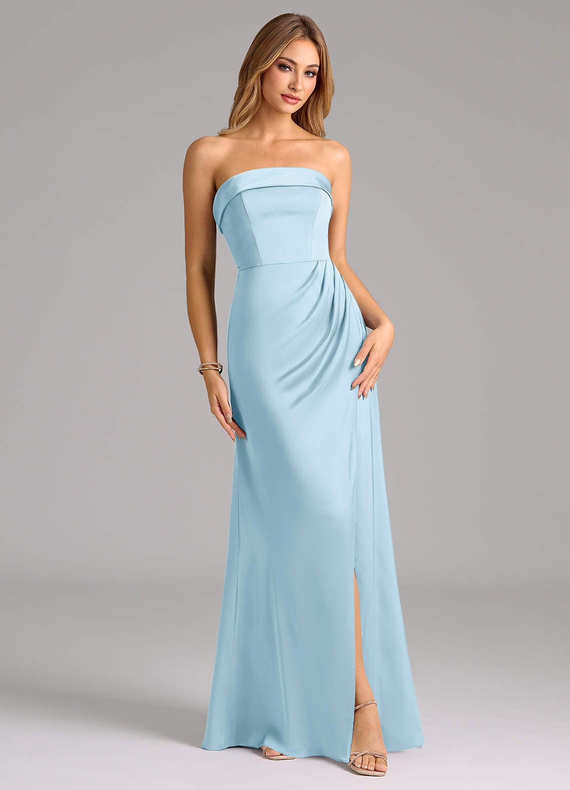 Aretha A-Line Strapless Stretch Satin Bridesmaid Dress in Sky Blue