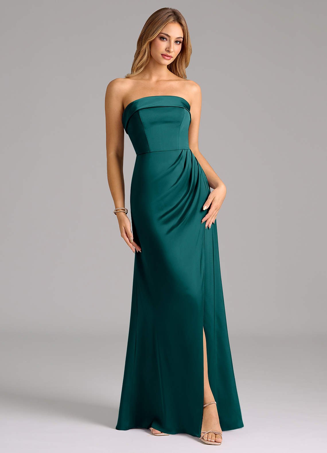 Aretha A-Line Strapless Stretch Satin Bridesmaid Dress in Peacock
