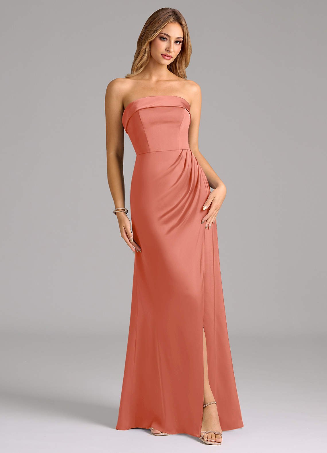 Aretha A-Line Strapless Stretch Satin Bridesmaid Dress in Salmon Pink