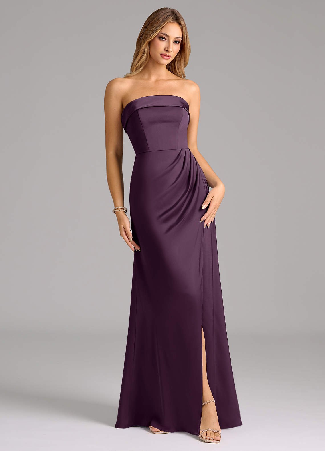 Aretha A-Line Strapless Stretch Satin Bridesmaid Dress in Plum