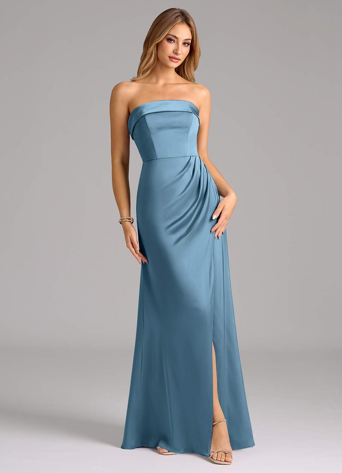 Aretha A-Line Strapless Stretch Satin Bridesmaid Dress in Steel Blue